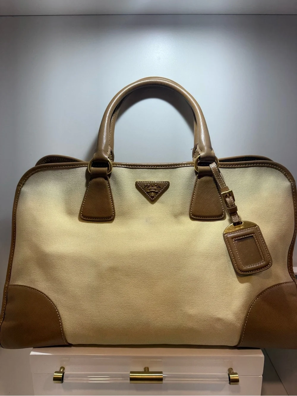Prada Beige Canvas with Brown Saffiano Trim Tote
